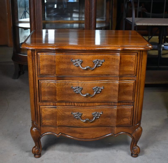 Vintage Thomasville Furniture Walnut Three-Drawer Nightstand or End Table, Scroll & Pad Feet