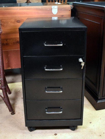 Contemporary 4-Drawer Locking Black Metal Office Supply Cabinet on Caster Feet