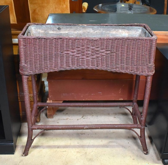 Vintage Brown Painted Rattan Wicker Planter Box Stand with Metal Liner