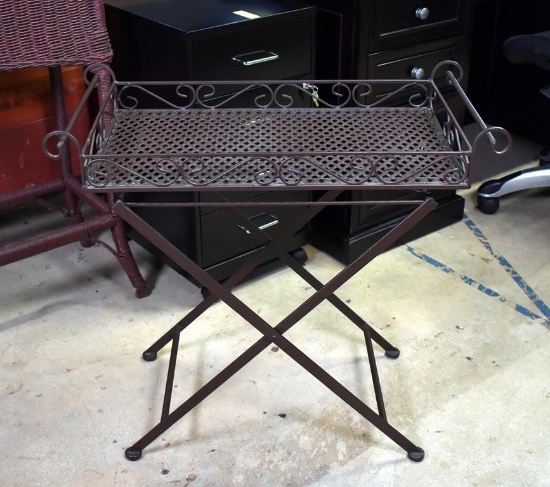 Contemporary Folding Metal Tray Top Table or Stand, Dark Brown Color