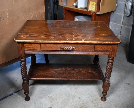 Antique Oak Library Table / Small Desk with Barley Twist Legs