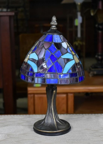Contemporary Small Blue Tiffany Style Stained Glass Dragonfly Lamp
