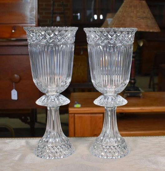 Pair of “Estate” 24% Full Lead Crystal 14” Hurricane Sideboard Electric Lamps with Boxes
