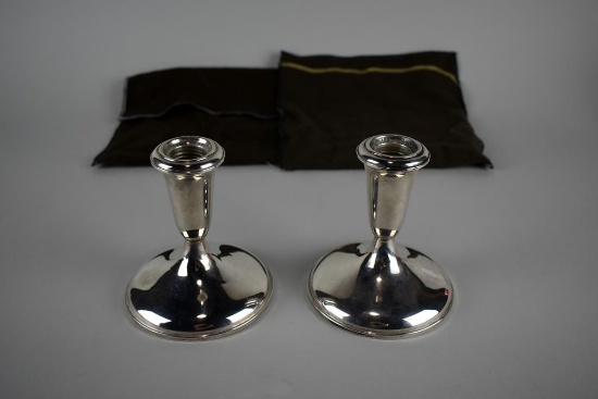 Pair of Empire Weighted Sterling Silver Candleholders, with Cloth Storage Bags