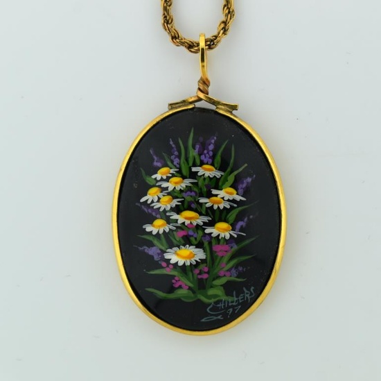 Hand Painted Black Cabochon Gilt (Vermeil) Sterling Silver Pendant & 24” Gilt Sterling Necklacel