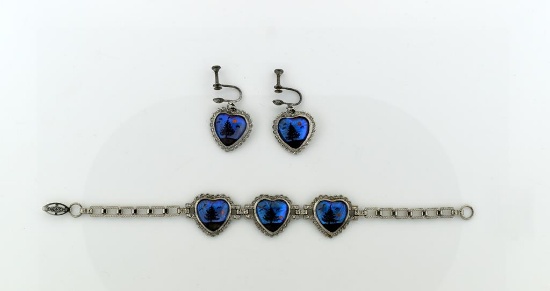Vintage Silver & Butterfly Wing Hearts 7.25” Bracelet and Screwback Earrings