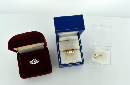 Three Gold Plated & Crystal Rhinestone Items: Two Rings Sizes 8.25 & 9.25 and Pendant