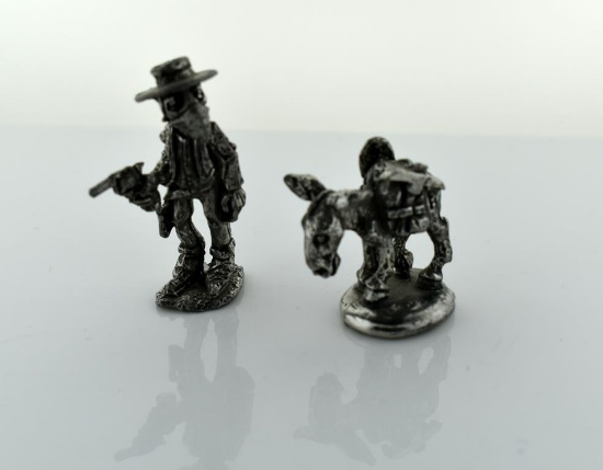 Two Comical Small Pewter Figurines: Prospector & Mule