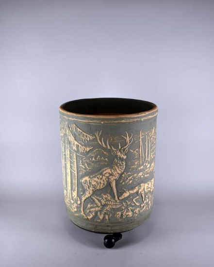 Antique Robinson Ransbottom (Roseville, OH) Large Stoneware Crock, Deer Scene with Metal Stand