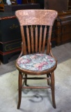 Antique Oak Hall Chair, Floral Upholstered Seat