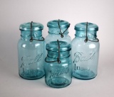 Lot of Four Vintage Blue Glass Ball Canning Jars