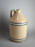 Vintage 11.5” Stoneware Jug with Dark Blue & White Stripes