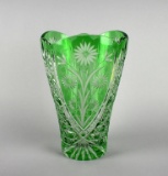 Large Vintage Bohemian 11” Green Cased Cut to Clear Vase