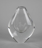 Orrefors Signed Crystal Vase with Bird Perched on Branch Motif & Storage Bag, Sweden