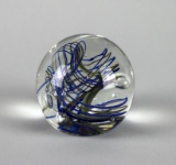 Rollin Karg Blue & Green Swirl Art Glass Paper Weight, Signed