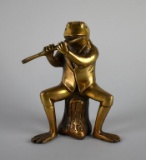 Brass 6” Frog Playing Flute on Tree Stump, India