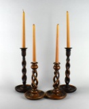 Lot of Four Barley Twist Wood Candle Sticks (Two Pairs) with Candles