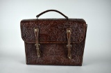Vintage Tooled Leather Thistle Pattern Bag / Case with Silver Accents