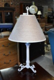 Ivory Finished Metal Column Table Lamp with Light Tan Woven Shade