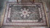 Persian Style Hand Knotted Silk 6.4 x 10' Rug in Drab Green, Ivory and Burgundy; Belgium