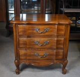 Vintage Thomasville Furniture Walnut Three-Drawer Nightstand or End Table, Scroll & Pad Feet