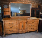 Handsome Vintage Light Walnut or Pecan Wood Double Dresser & Mirror with Central Lingerie Armoire