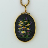 Hand Painted Black Cabochon Gilt (Vermeil) Sterling Silver Pendant & 24” Gilt Sterling Necklacel