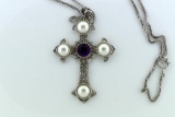 Vintage Sarah Coventry 3” Cross Pendant on 24” Chain Necklace
