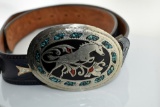 Black Tooled Leather Size 36 Belt with Turquoise & Coral Inlaid Silver 4” Horse Buckle
