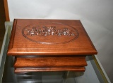 Carved Mahogany Jewelry Box with Mirrored Lid and Costume Jewelry