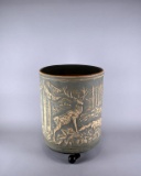 Antique Robinson Ransbottom (Roseville, OH) Large Stoneware Crock, Deer Scene with Metal Stand