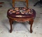 Vintage Carved Mahogany Footstool, Embroidered Burgundy Upholstery, Brass Nailhead Trim