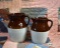 Two Brown & White Stoneware Pitchers, Unmarked