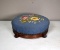 Attractive Vintage Low Walnut Footstool w/ Brass Nailhead Trim on Embroidered Blue Upholstery