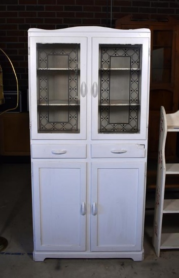Antique Art Deco Period Cupboard, White with Black Detailing on Glass