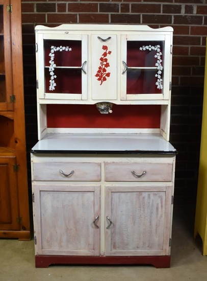 Antique Depression Era Hoosier Cabinet with Flour Bin & Sieve, Slide Out Enameled Work Top