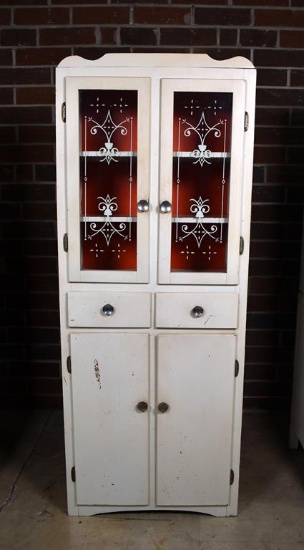 Antique Art Deco Kitchen Cupboard, White/ Red with White Stenciling on Glazed Top Doors