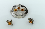 Thistle Motif Pin & Earrings Set with Yellow Glass Stones