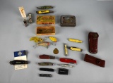 Lot of Fishing Lures, Fishing Lure Box and Old Knives, Sheaths, Whistles, Cub Scout