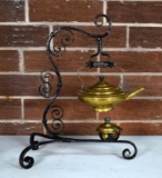 Antique Brass Tea Kettle and Oil Burner Rechaud with Wrought Iron Stand