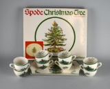 Spode Christmas Tree 16” Platter w/ Box, 11” Oblong Tray & 8 Teacups