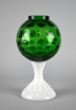 Vintage Fenton Green Coin Optic Ivy Compote Vase on Milk Glass Stand