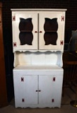 Antique Depression Era Kitchen Cupboard Hutch, White with Red Hardware