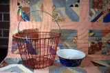 Antique Red Enameled Wire Basket and Blue Graniteware Bowl