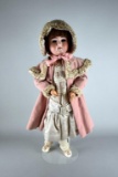 Antique Germany 27” Porcelain Head Doll, Open Mouth with Clothes & Stand