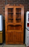 Vintage Knotty Pine Corner Cabinet with Glazed Top Doors