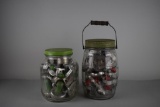 Lot of Vintage Green or Red Wooden Handled Cookie Cutters in Old Screw Lid Jars