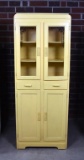 Antique Art Deco Kitchen Cupboard, Yellow with Black Stenciling on Glazed Top Doors