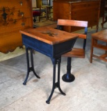 Antique Oak and Cast Metal School Desk & Seat with Storage in Top and American Eagle Stencil