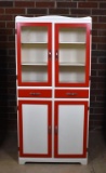 Antique Art Deco Kitchen Cupboard, White with Red Trim, Glazed Top Doors